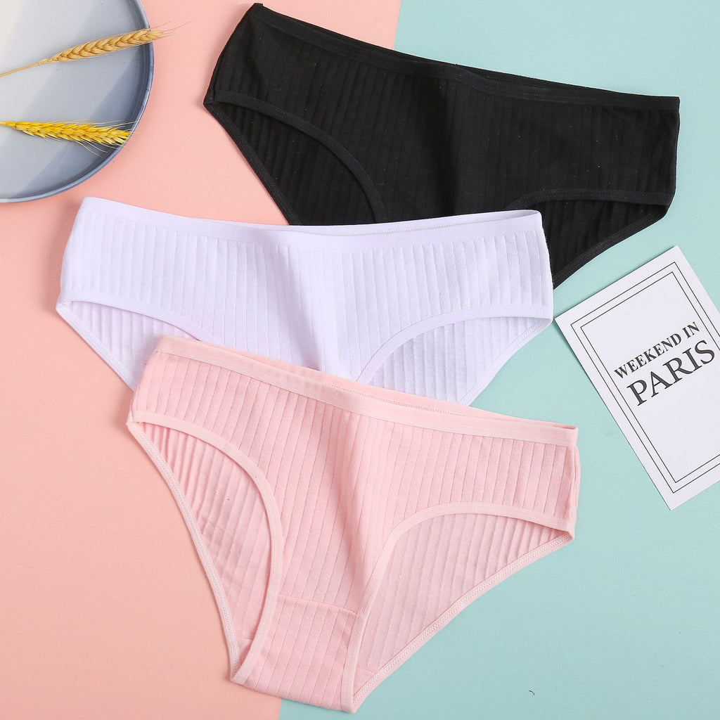 Cross-border new solid color striped briefs cotton underwear ladies sexy briefs underwear low waist underwear 3927