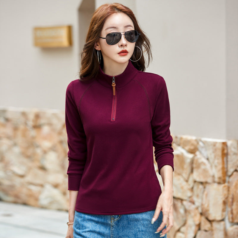 Stand up collar half zipper long sleeved women's T-shirt