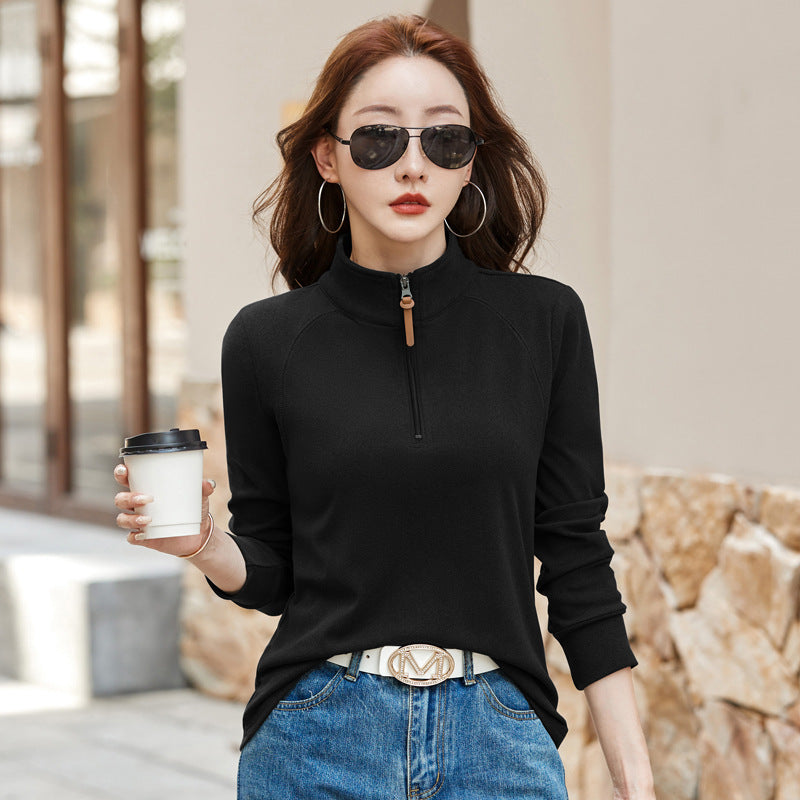 Stand up collar half zipper long sleeved women's T-shirt