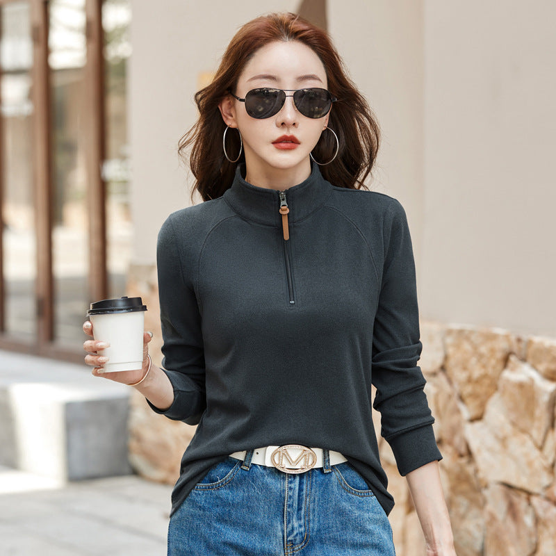 Stand up collar half zipper long sleeved women's T-shirt