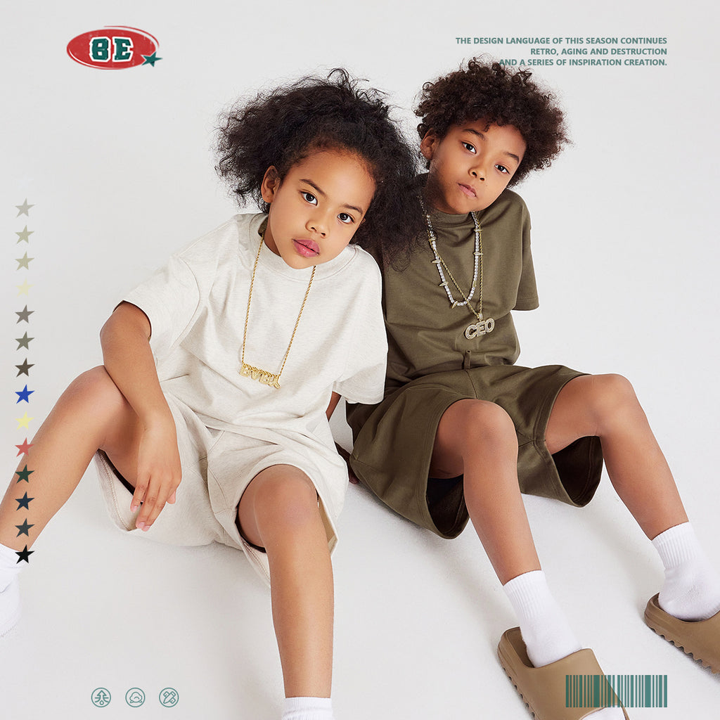 BE Children's Clothing | 2024 Spring and Summer Kids Series 305G Heavy Drop Shoulder Solid Color Children's Short-Sleeved European and American Loose Cotton T