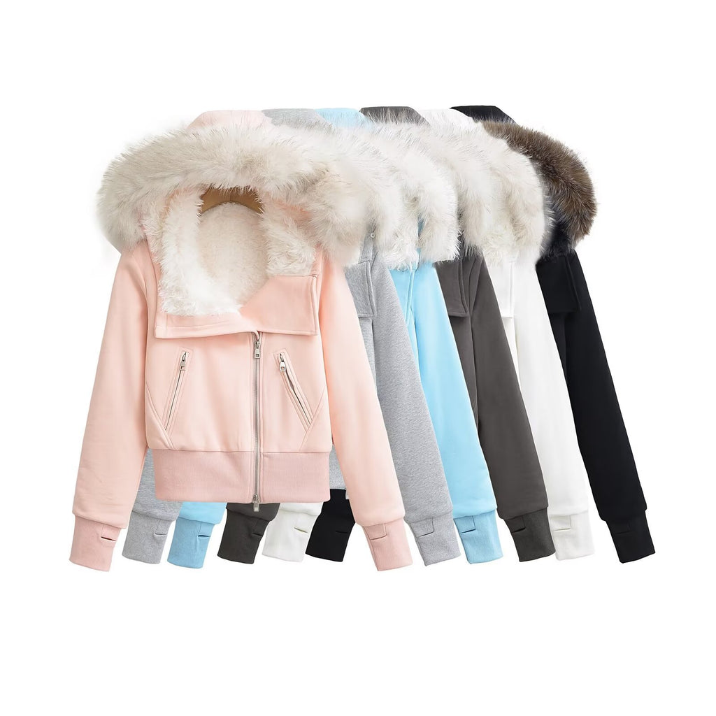 Women's winter hooded fur collar slanted zipper cotton coat