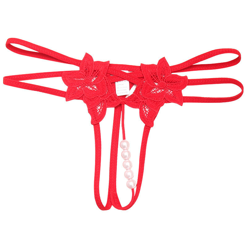 Sexy open file fun full transparent hollow thong women's pearl massage underwear embroidery hot T-shaped underwear