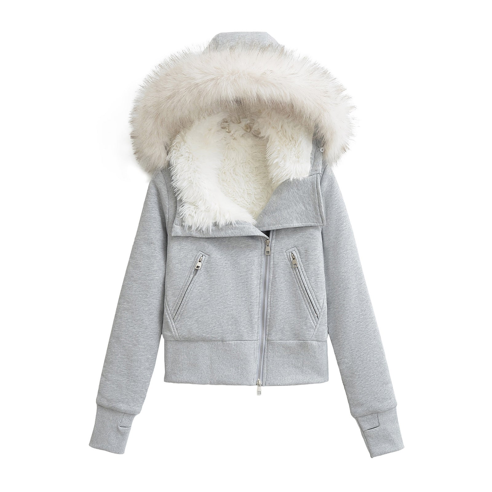 Women's winter hooded fur collar slanted zipper cotton coat