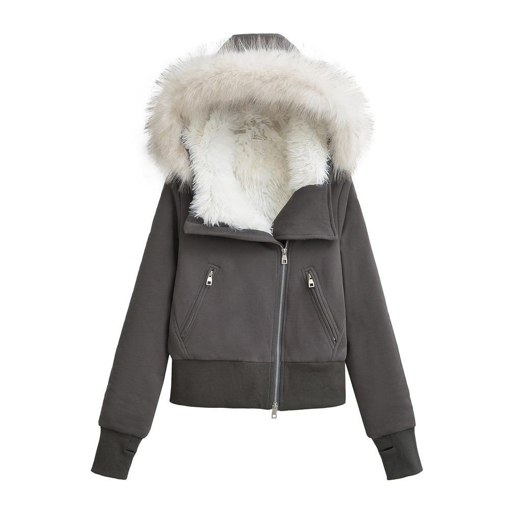 Women's winter hooded fur collar slanted zipper cotton coat
