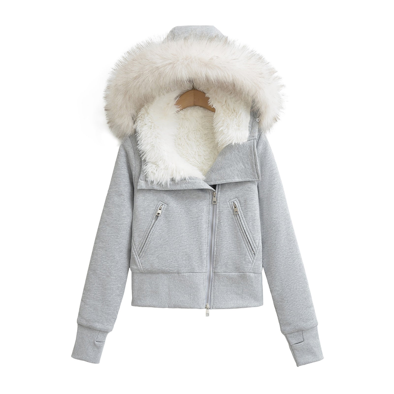 Women's winter hooded fur collar slanted zipper cotton coat