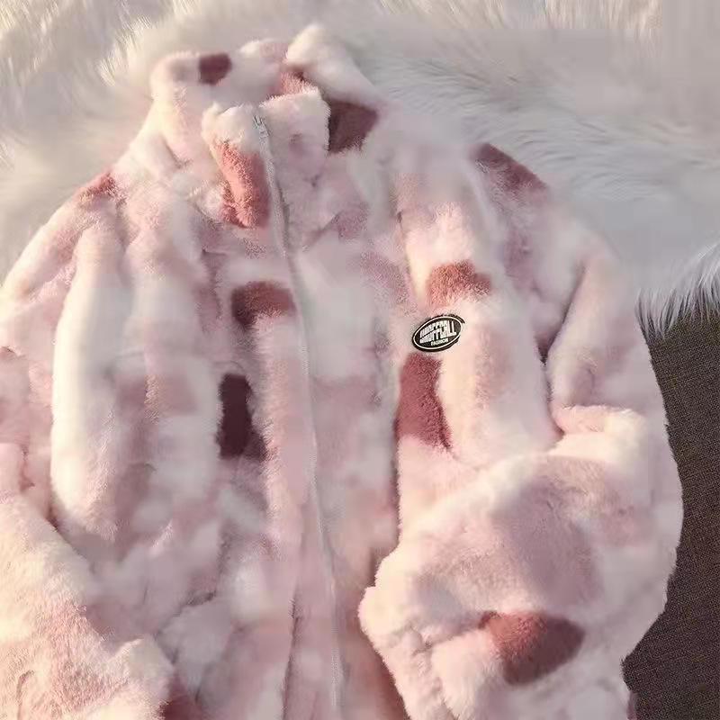 Tie-dyed lambskin coat for women large size winter thickened lambskin top trend ins2025 new loose