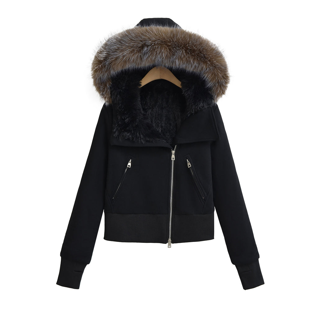 Women's winter hooded fur collar slanted zipper cotton coat
