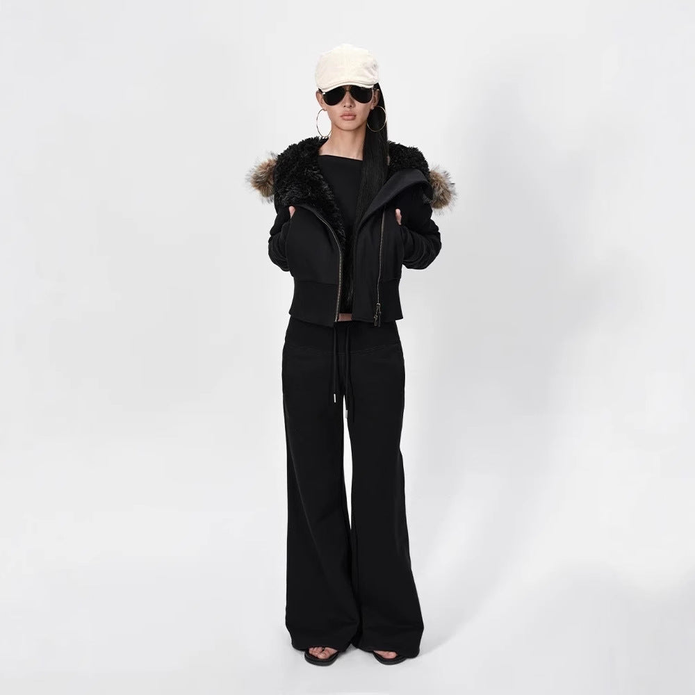 Women's winter hooded fur collar slanted zipper cotton coat