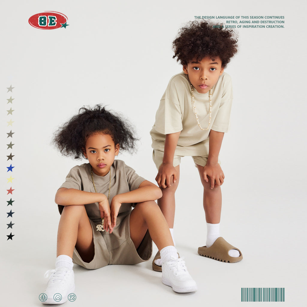 BE Children's Clothing | 2024 Spring and Summer Kids Series 305G Heavy Drop Shoulder Solid Color Children's Short-Sleeved European and American Loose Cotton T