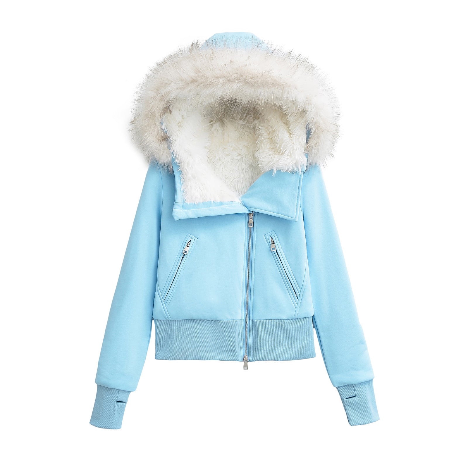 Women's winter hooded fur collar slanted zipper cotton coat