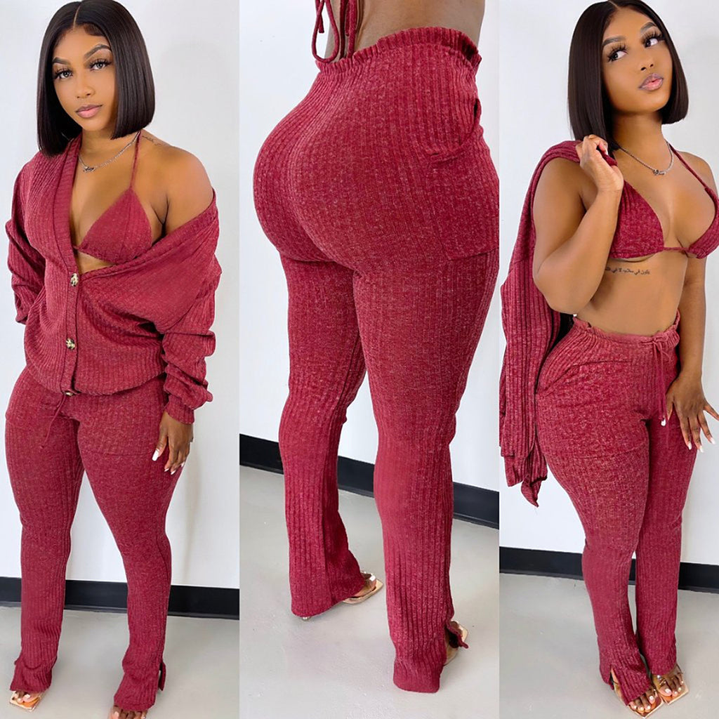 GL6519 Amazon European and American clothing cross-border nightclub woolen jacket underwear pocket slit pants 3-piece set