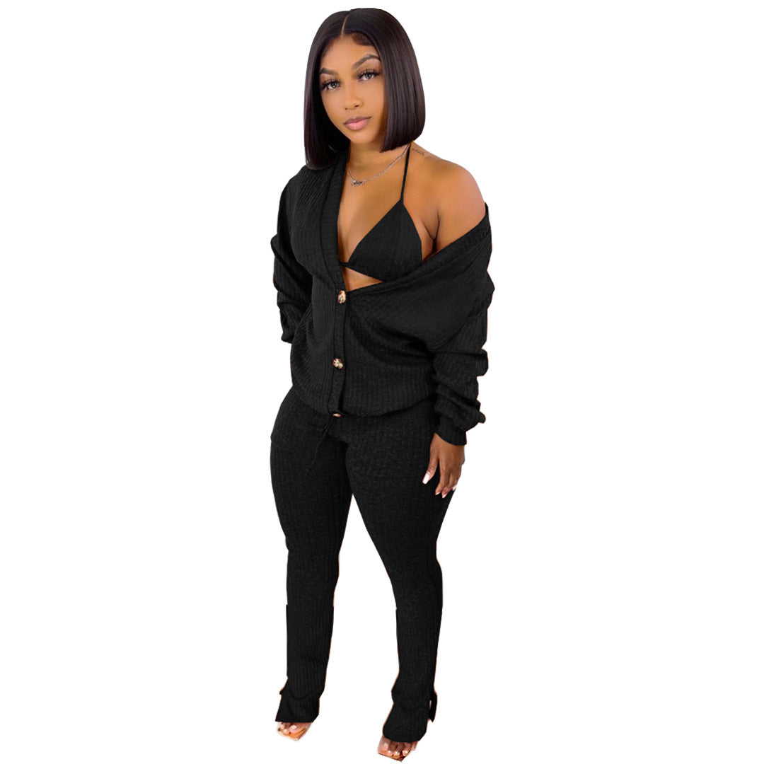 GL6519 Amazon European and American clothing cross-border nightclub woolen jacket underwear pocket slit pants 3-piece set
