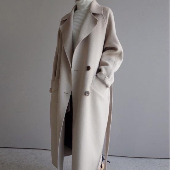 Off-season double-sided cashmere coat women's mid-length autumn and winter beige woolen waitmore coat wool double-sided wool