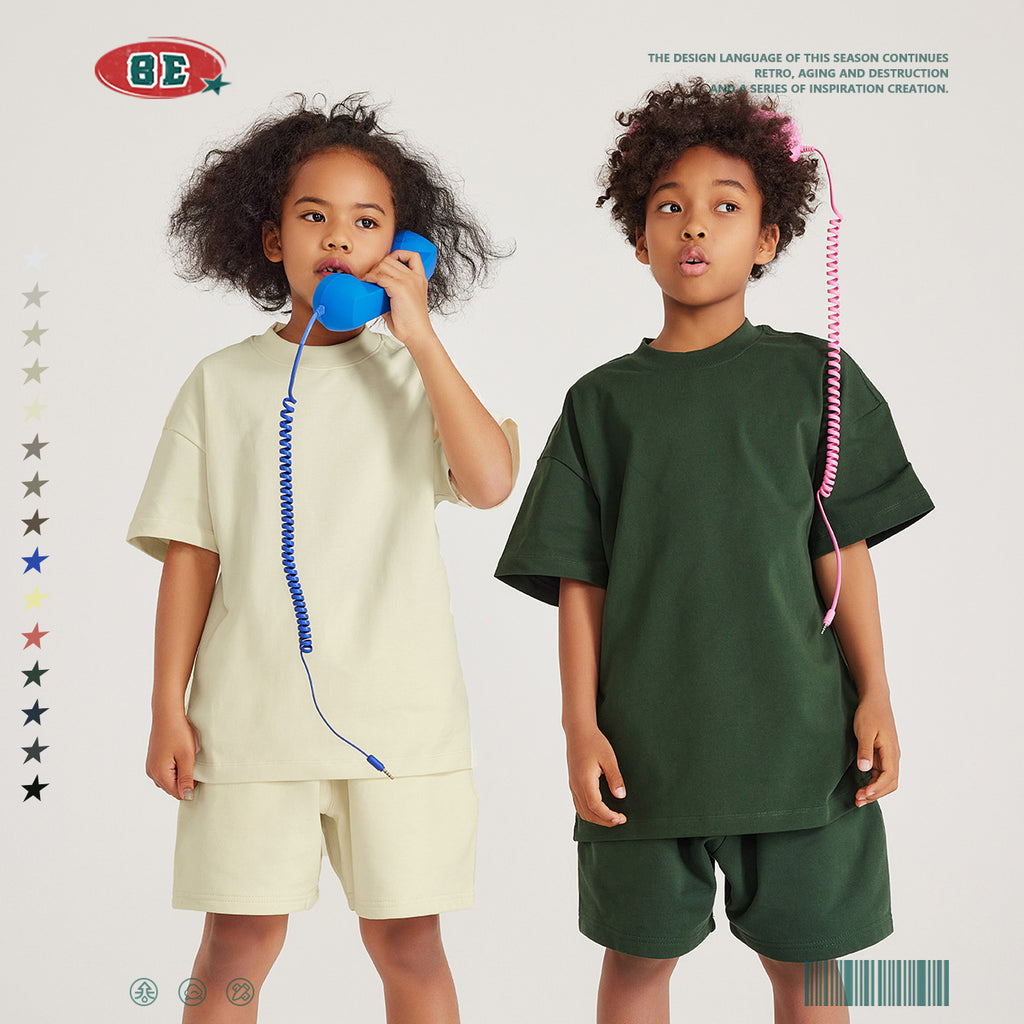 BE Children's Clothing | 2024 Spring and Summer Kids Series 305G Heavy Drop Shoulder Solid Color Children's Short-Sleeved European and American Loose Cotton T