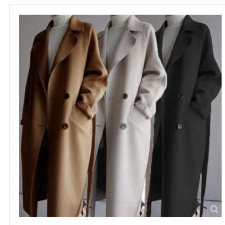 Off-season double-sided cashmere coat women's mid-length autumn and winter beige woolen waitmore coat wool double-sided wool