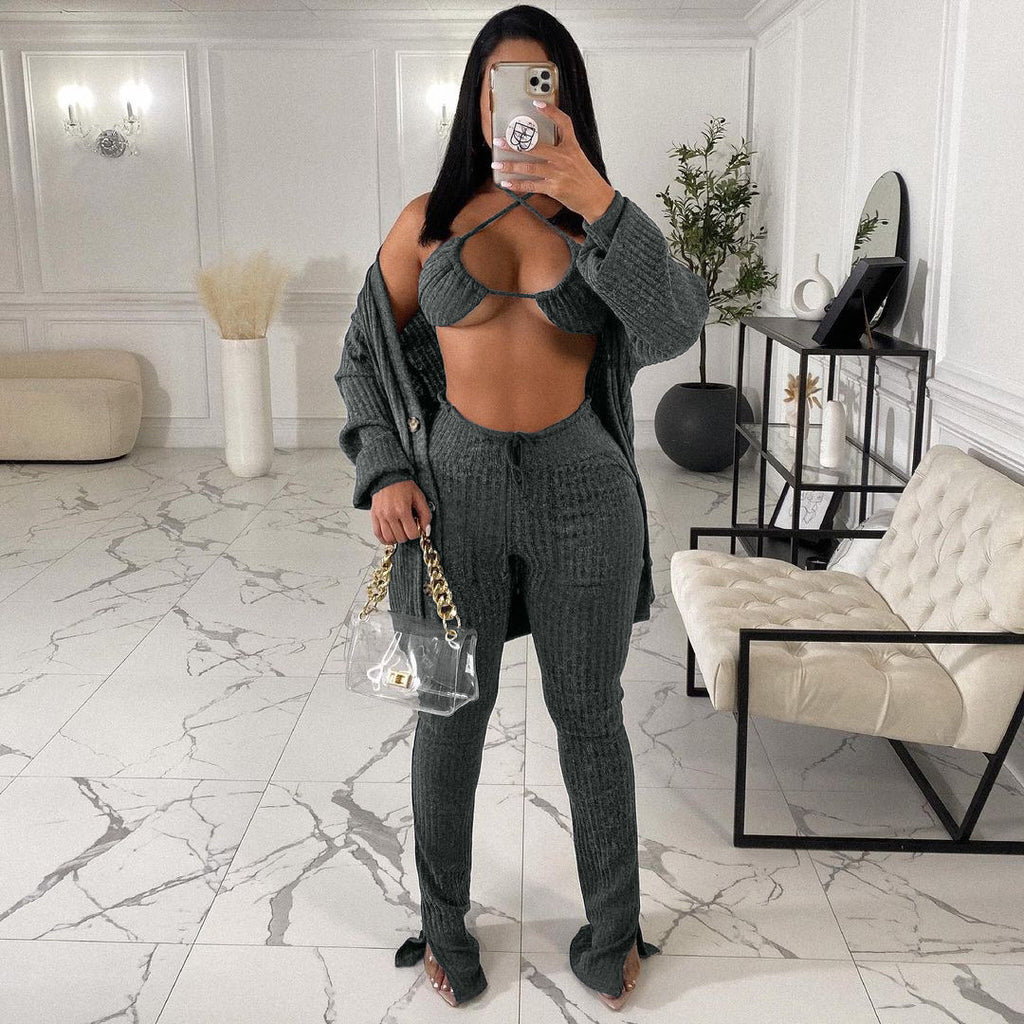 GL6519 Amazon European and American clothing cross-border nightclub woolen jacket underwear pocket slit pants 3-piece set