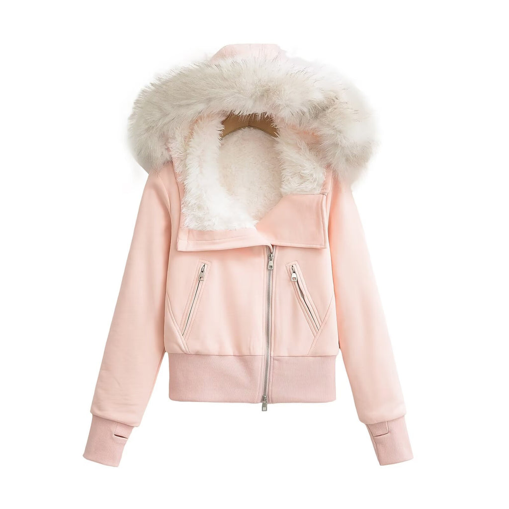Women's winter hooded fur collar slanted zipper cotton coat