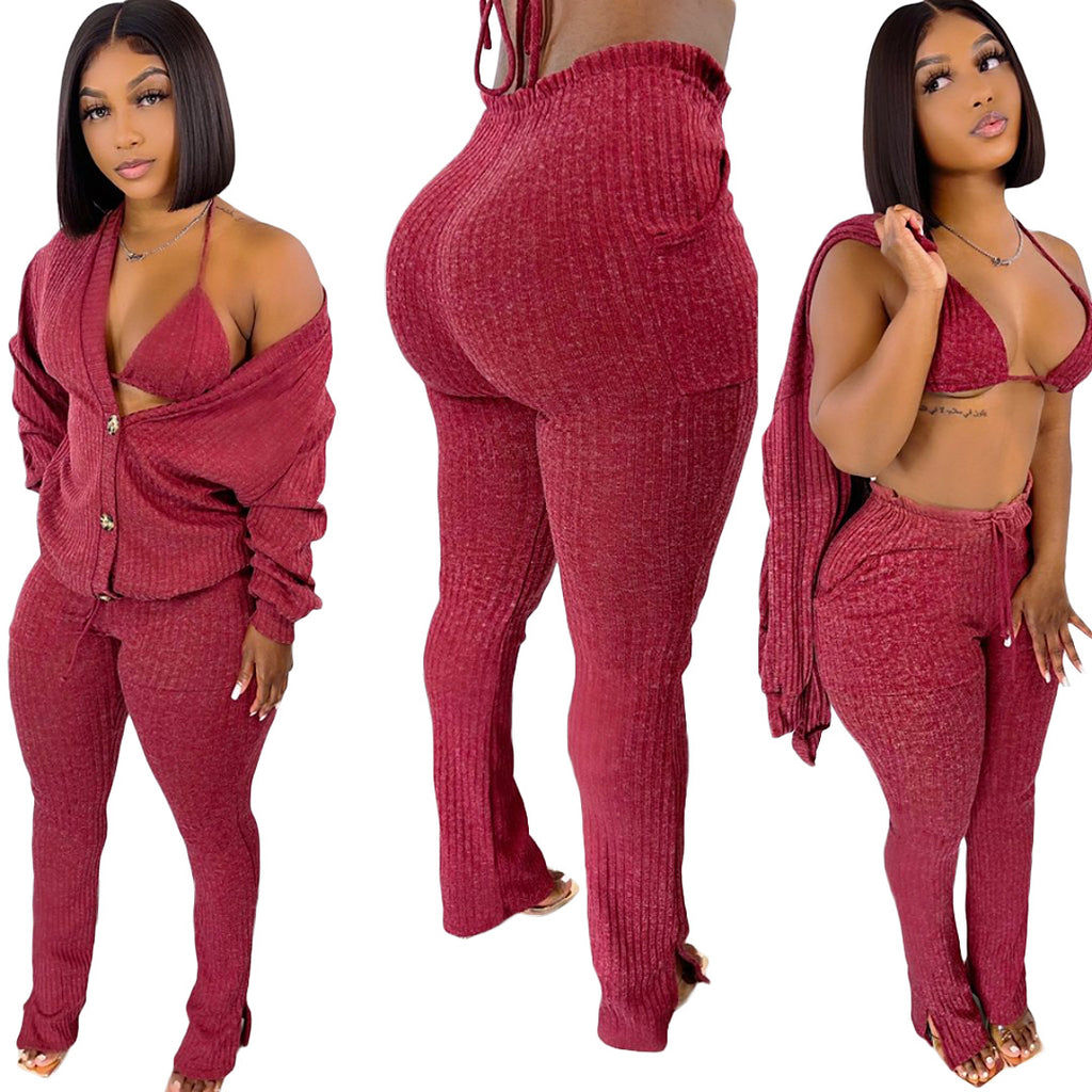 GL6519 Amazon European and American clothing cross-border nightclub woolen jacket underwear pocket slit pants 3-piece set