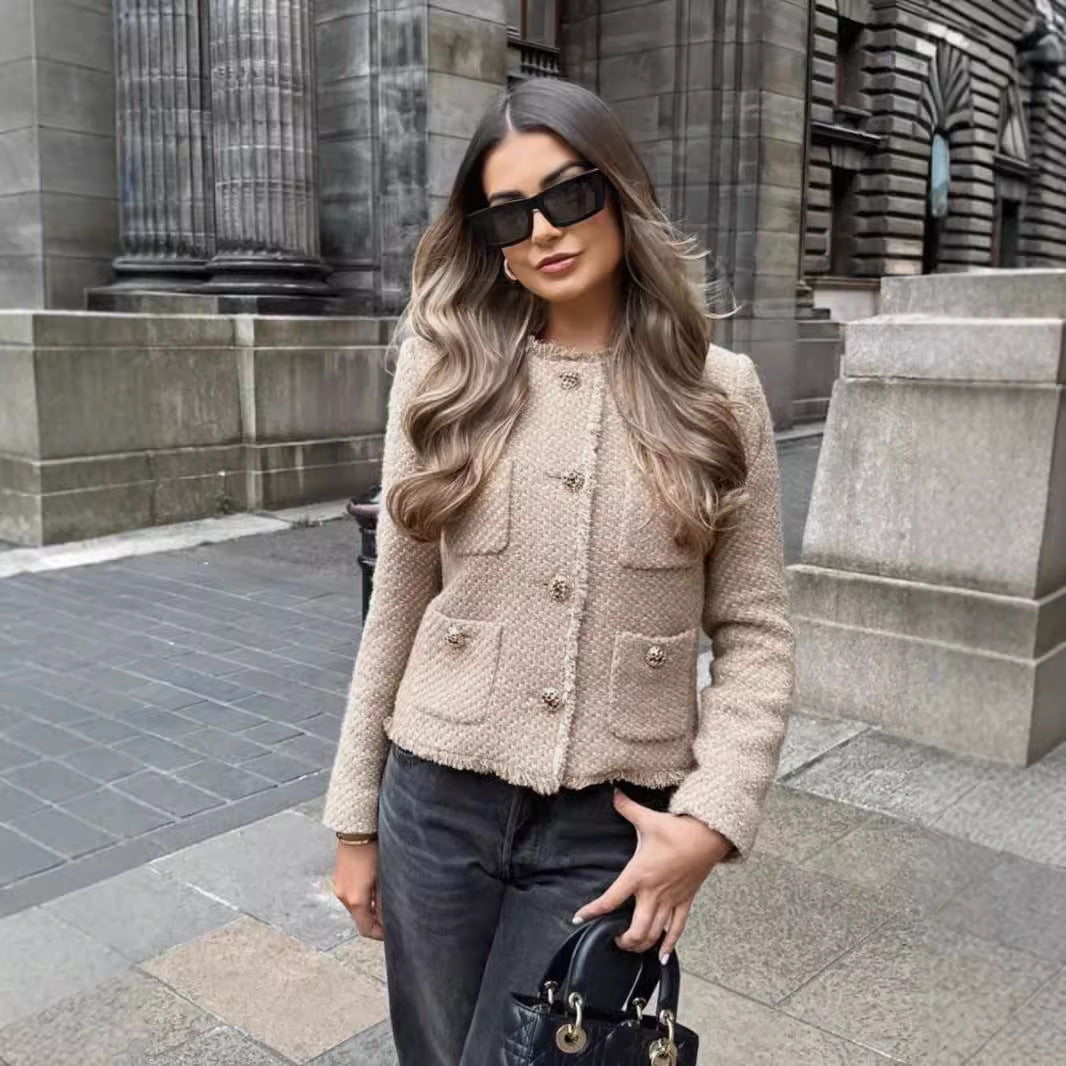 European and American 2024 spring and autumn new metal button pocket woolen short outer single-breasted top jacket Amazon