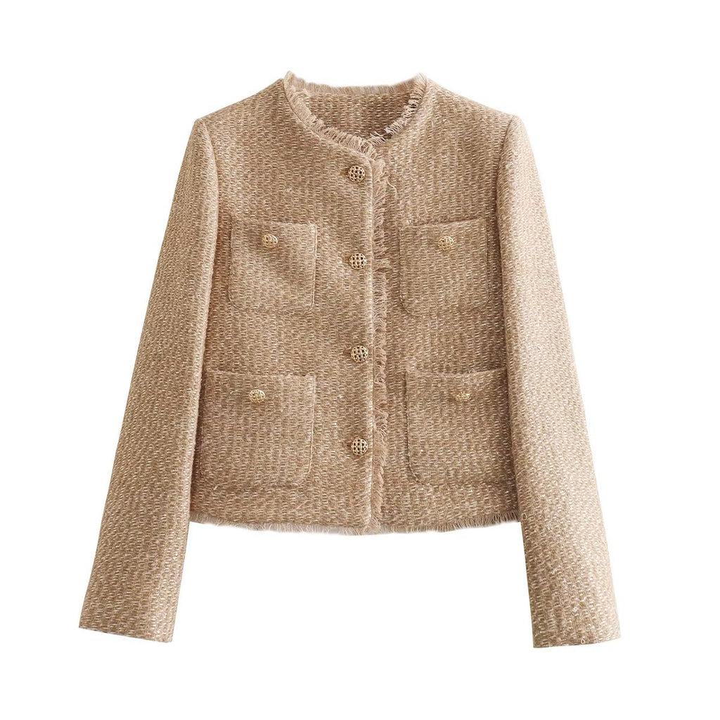European and American 2024 spring and autumn new metal button pocket woolen short outer single-breasted top jacket Amazon