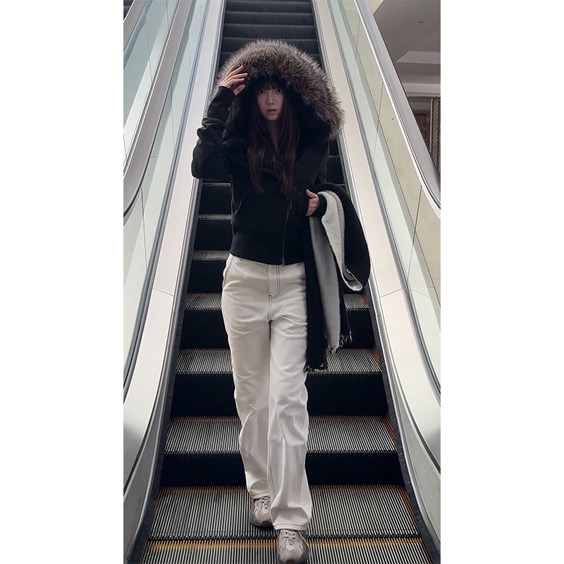 Women's winter hooded fur collar slanted zipper cotton coat