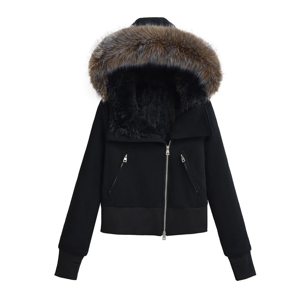 Women's winter hooded fur collar slanted zipper cotton coat