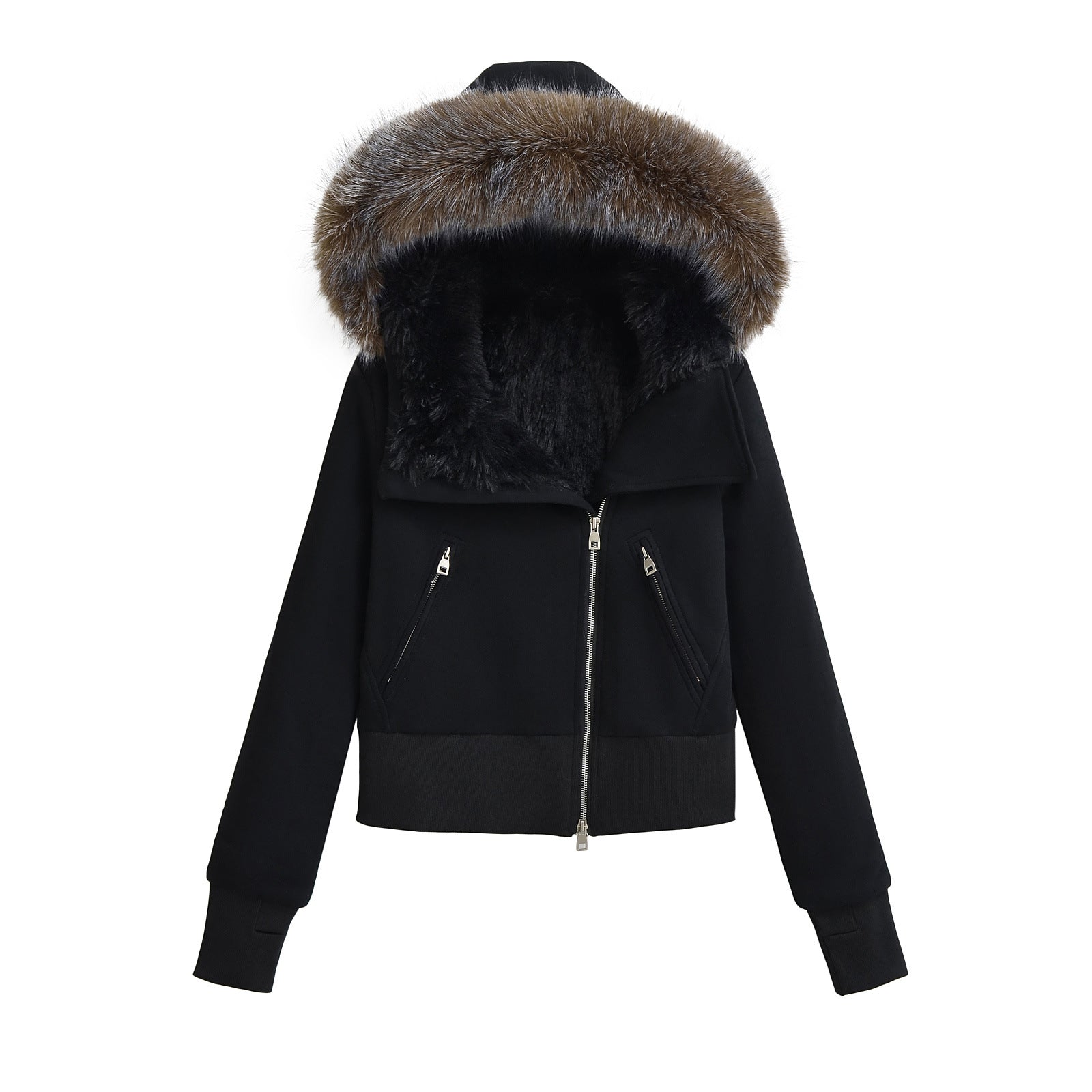 Women's winter hooded fur collar slanted zipper cotton coat