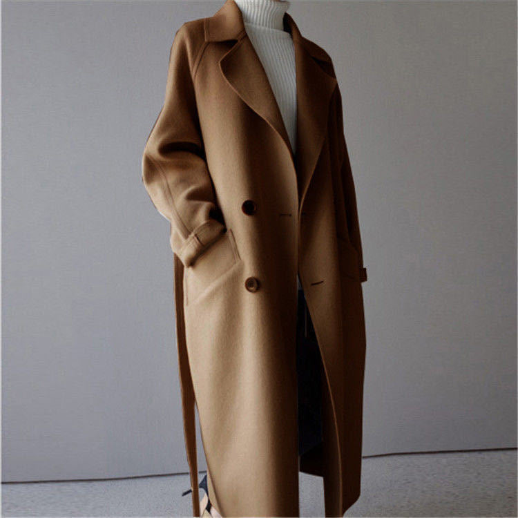 Off-season double-sided cashmere coat women's mid-length autumn and winter beige woolen waitmore coat wool double-sided wool