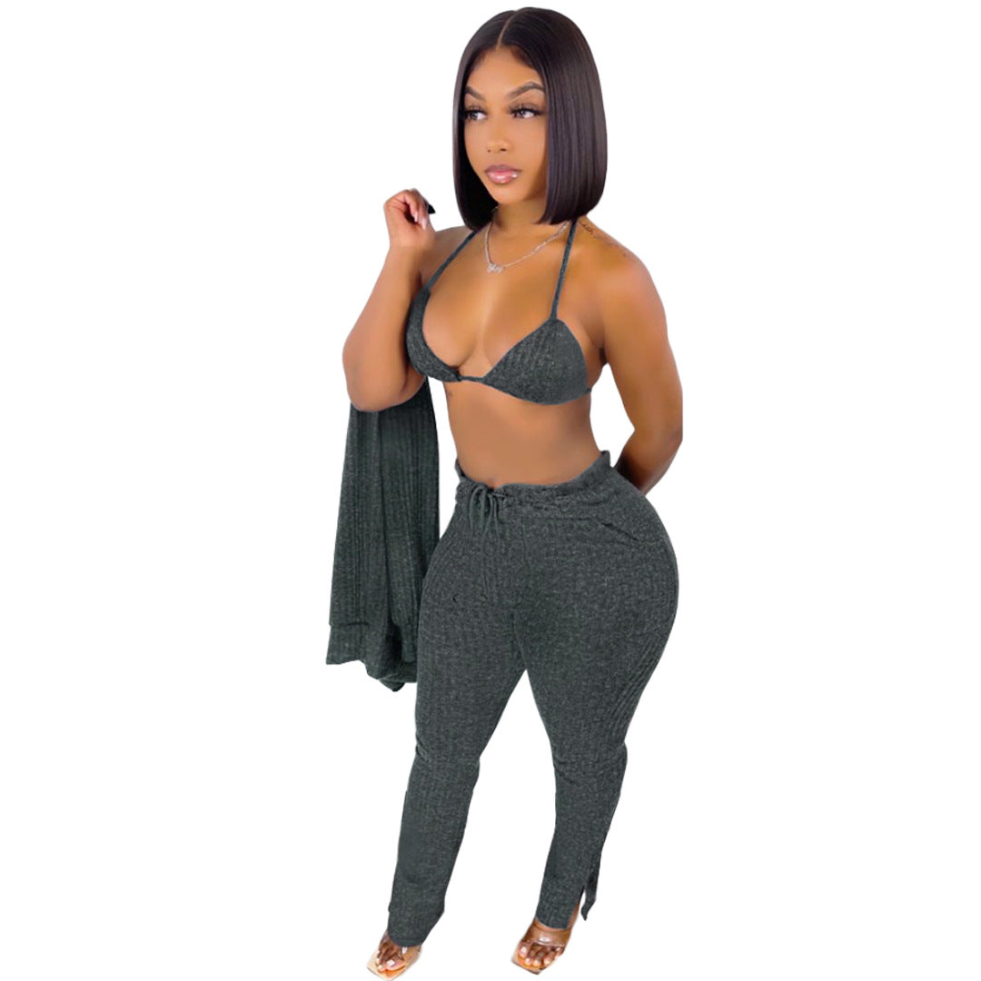 GL6519 Amazon European and American clothing cross-border nightclub woolen jacket underwear pocket slit pants 3-piece set